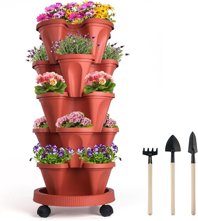 DUNCHATY Stackable Planter with Removable Wheels and Garden Tools, Garden Planting Tower Planters, Indoor Outdoor Gardening Pots - 5 Tier Vertical Planter