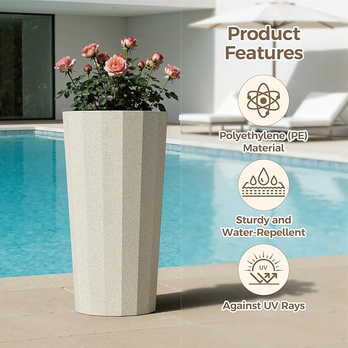 23.6" Tall Outdoor Planters Set of 2, Large Planters for Outdoor Plants for Porch Decor with Drainage Hole, Wide Stripe Design Porch Flower Pots for Indoor Pot Patio/Garden, Off White