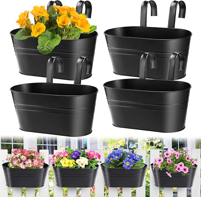 MADHOLLY Railing Planter with Drainage Holes - Sturdy Bucket Pots for Railing Fence, Countryside Style Metal Flower Pots for Herbs Balcony Garden Yard Decor, 4Pcs, Black