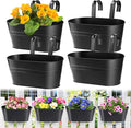 MADHOLLY Railing Planter with Drainage Holes - Sturdy Bucket Pots for Railing Fence, Countryside Style Metal Flower Pots for Herbs Balcony Garden Yard Decor, 4Pcs, Black