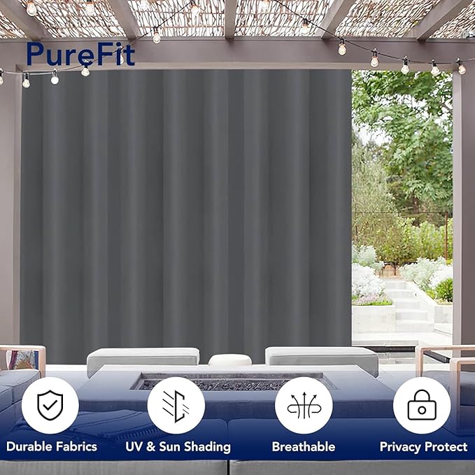 PureFit Outdoor Curtains for Patio Waterproof Weatherproof, UV Resistant Outside Curtains for Gazebo, Front Porch, Pergola, Sun Blocking Privacy Curtain, 120W x 108L inch, 1 Panel, Gray