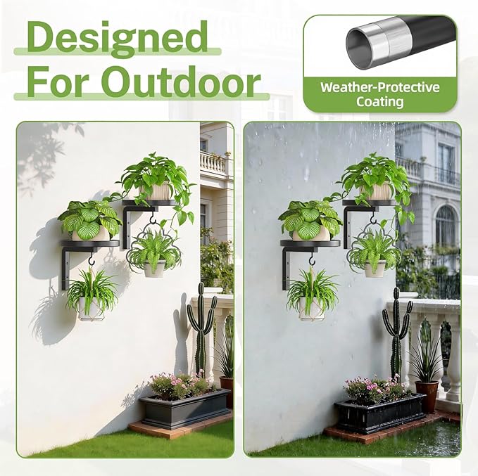 iDavosic.ly Wall Plant Holder Set of 2 for Outdoor with Drain Hole, Metal Hanger with 2 Hooks, Floating Flower Display Stand for Window, Space Saving & Easy to Assemble (Pots/Plants Not Included)