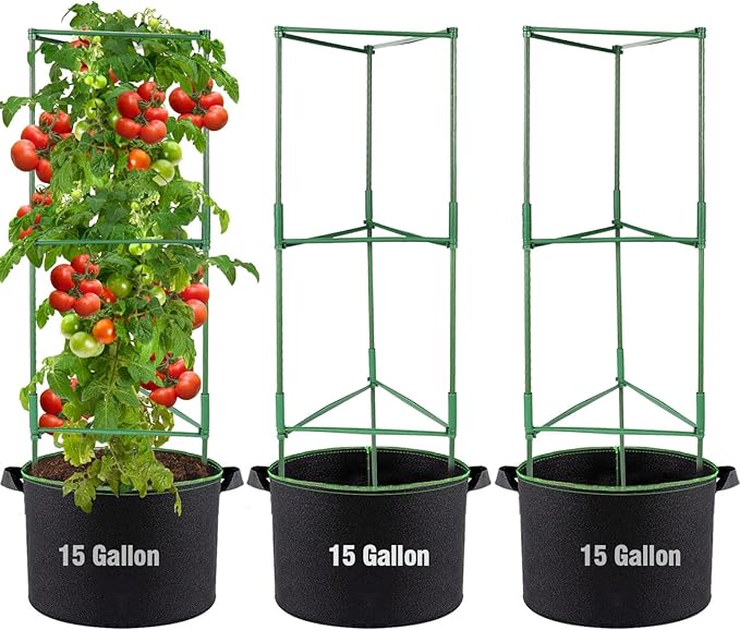 ANPHSIN 3 Sets Tomato Cages with 15 Gallon Grow Bags - 48" Stable Plant Garden Planter, Flowers Vegetable Trellis Pots for Tomato Vertical Climbing Plants Vines