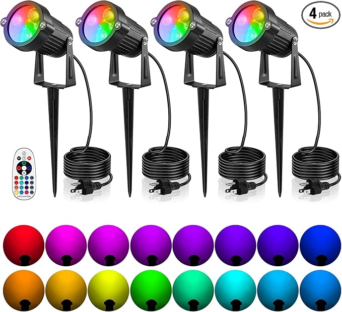 OurLeeme Lawn Flood Light Stake, 2-in-1 Waterproof Outdoor Remote controlle Landscape Lighting Spotlight Wall Light for Yard Garden Driveway Pathway Pool (4 Pack)