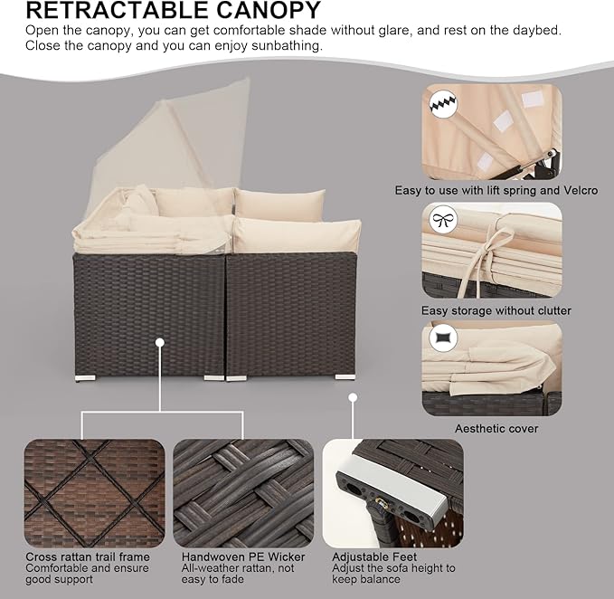 HOMREST 6 Pieces Patio Furniture Sets, Rattan Daybed with Retractable Canopy, Outdoor Sectional Sofa Set with Adjustable Backrest, Chaise Chair Sunbed for Garden Poolside Backyard (Khaki)
