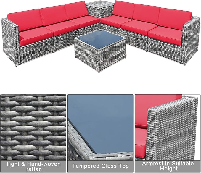 Tangkula 8 Pieces Wicker Patio Furniture Set with Storage Deck Box, PE Rattan Outdoor Sectional Sofa Conversation Set with Coffee Table & Cushions, Outside Furniture for Garden Yard Poolside (Red)