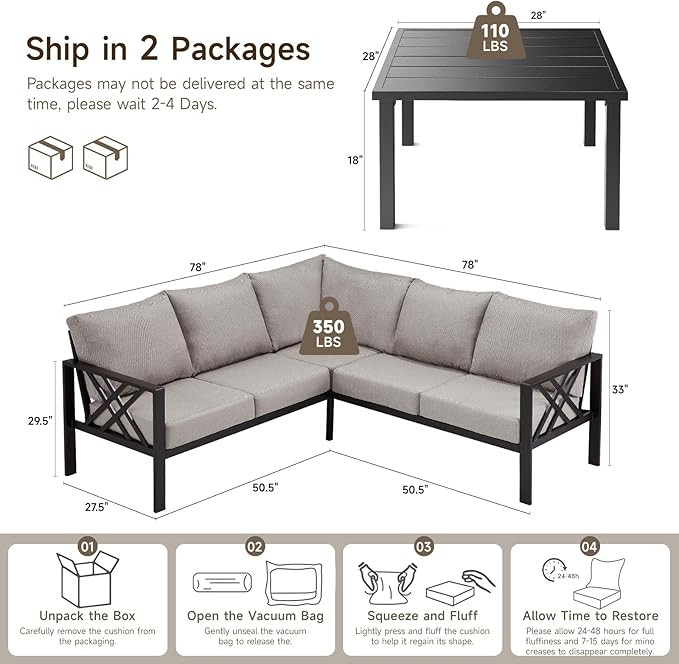 Patio Furniture Set, 6-piece Metal Sectional Furniture Sofa with Coffee Table, L Shaped Outdoor Couch with Olefin Cushion, Highback Frame, Outdoor Patio Conversation Sets for Balcony Backyard, Grey