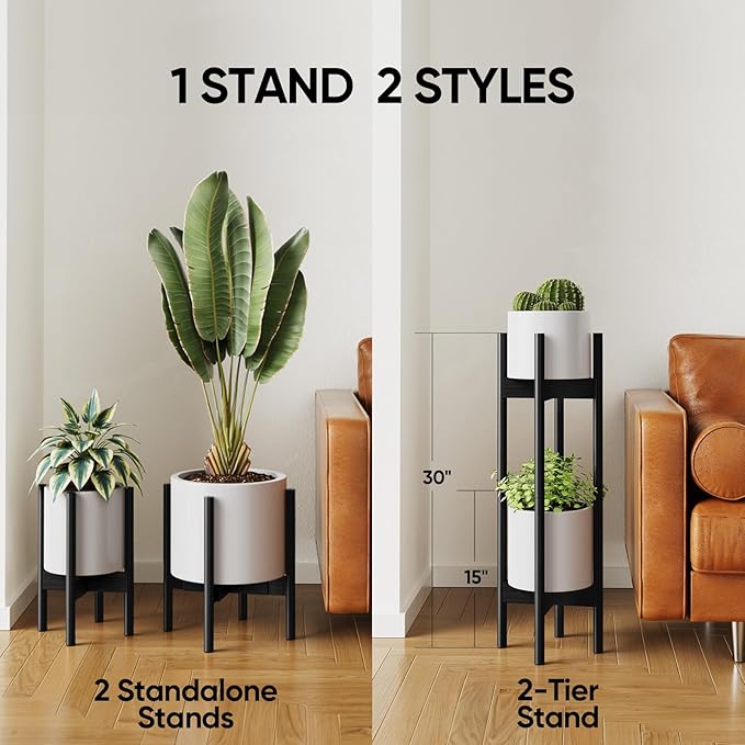 MUDEELA 2 Pack Indoor Plant Stands, 2 Tier Tall Plant Stand 30 inches, Mid Century Bamboo Plant Stand, Adjustable Width 8 - 12 inches, Fits Pot Size of 8 9 10 11 12 inches Pot & Plant Not Included, Black