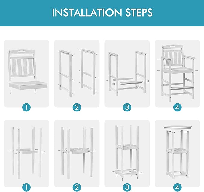 Ciokea 3-Pcs Bistro Table and Chairs, All-Weather Round High Top Bar Table with Storage Shelf and 2 Oversized Adirondack Chairs, Heavy Duty Outdoor Bar Set Patio Bistro Set for Balcony Deck, White