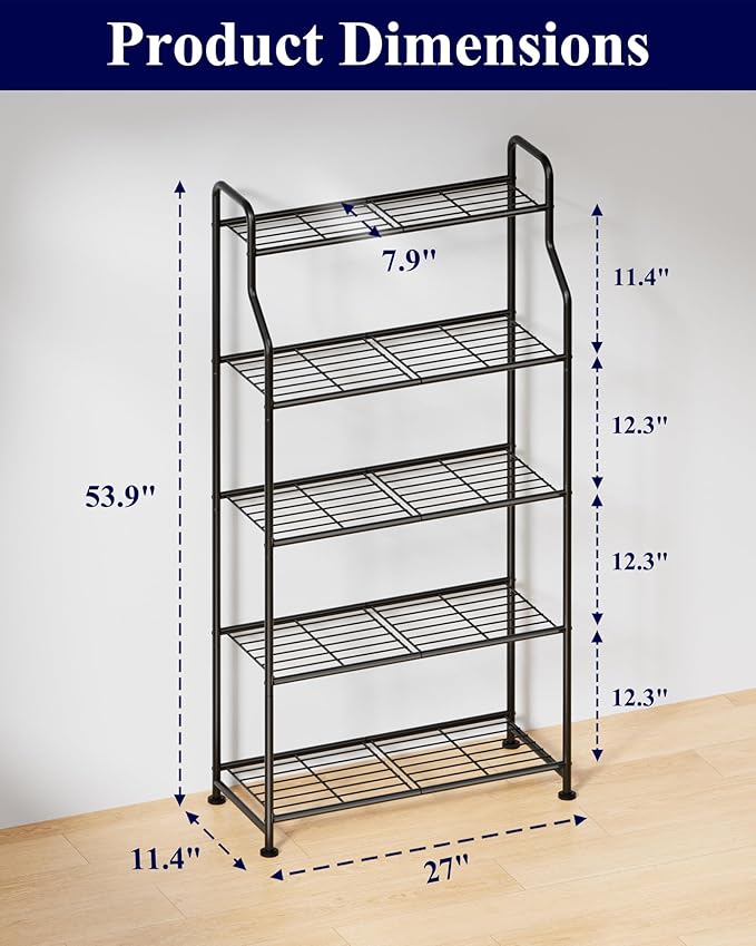 Kitsure Plant Stand Indoor & Outdoor - 5-Tier Metal Plant Shelf with Adjustable Leveling Feet, Easy to Assemble Planter Stand for Patio, Balcony, or Garden (Black, 27" x 11.4" x 53.9")