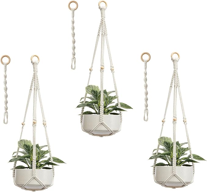 CADNLY Macrame Plant Hangers Indoor – Rope Hanging Plant Holder with Extender - Boho Hanging Planters Indoor - White Macrame Hanger Outdoor Flower Pot Holder from Ceiling Wall 3 Pack 6 Hooks