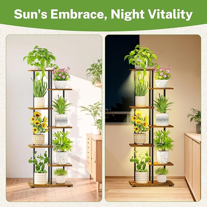iDavosic.ly 6 Tier Tall Plant Stand Indoor with Light, Tiered Corner Metal Wood Multiple Flower Holder Shelf, 50 Inch Display Grow Rack for Living Room Bedroom, Modern Black & Rustic Brown