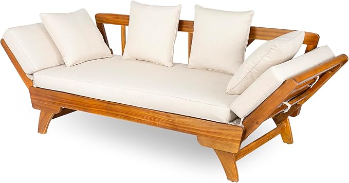 Christopher Knight Home Gary Patio Convertible Couch, Wooden Outdoor Daybed, 3-Seater Acacia Wood Patio Furniture Lounge Sofa for Backyard/Poolside/Garden, Back Pillow+Removable Cushion, Teak+ Beige