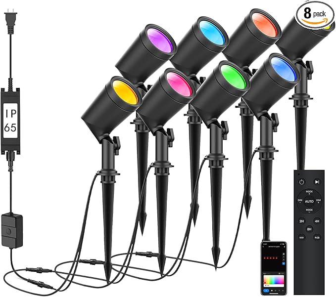 SUNTHIN 8 Pack 36W Smart Landscape Lights, RGBW Color Changing Landscape Lights with Remote, Work with Alexa and Google Home, IP65 Waterproof, for Garden, Yard, Lawn, Wall, Tree, Fence (4.5W/Light)