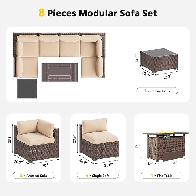 Aoxun Patio Furniture Set with Fire Pit Table, 8 Piece Outdoor Sectional Sofas, Wicker Outdoor Furniture with Thickened Cushion for Backyard, Garden (Brown Rattan Begin Cushions)