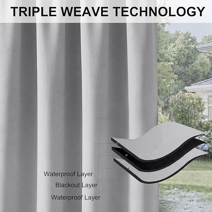 RYB HOME Outdoor Curtains for Patio Waterproof Block Sunlight Thermal Insulated Privacy Assured Thick Outside Curtains for Porch, Gazebo, Pergola, W52 x L95, Light Grey, 1 Panel