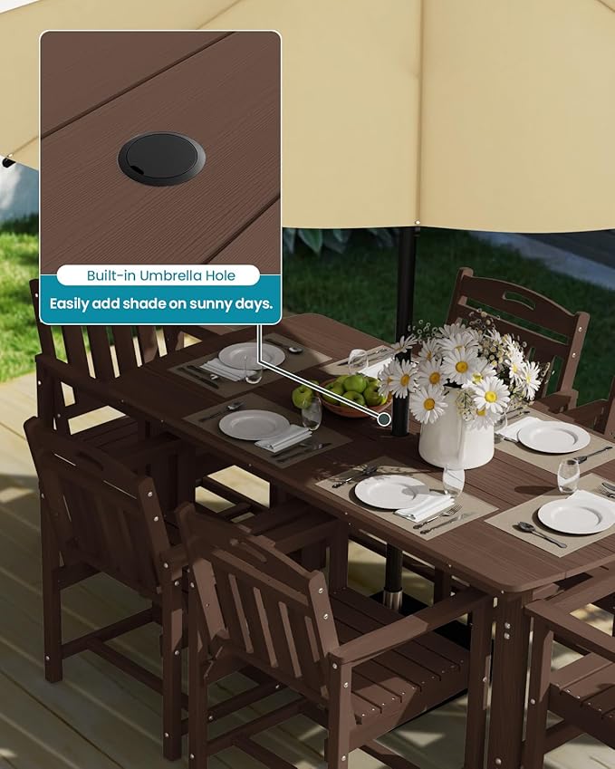 Ciokea HDPE Outdoor Dining Table with Umbrella Hole,66" Rectangle Patio Table for 6,All-Weather Outdoor Patio Furniture Set for Garden Backyard,Brown
