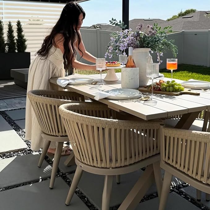 PURPLE LEAF 7 Pieces Outdoor Dining Set with Patio Aluminium Dining Table and Wicker Rattan Chairs Modern Furniture Cushions Sets for Backyard Indoor Decor Kitchen Champagne