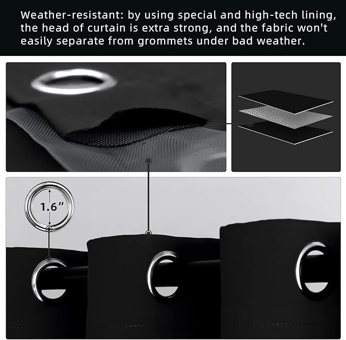 Waterproof Outdoor Curtain W105 x L84 - Grommet Top Sunlight Blocking Window Treatment Drapes Blackout Curtains for Home Bedroom Living Room Outdoor Patio Porch Pergola Cabana Gazebo (Black, 2 Panels)