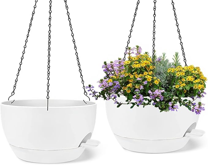 2 Pack 12 Inch Self Watering Hanging Planters for Indoor Plants, Large White Plastic Hanging Pots with Chains for Outdoor Patio Garden Home Decor White