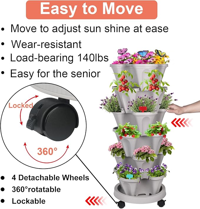 GameXcel Vertical Planter, 6 Tier Stackable Strawberry Planter with Garden Tool Set, Movable Indoor/Outdoor Garden Herb Pot for Growing Vegetables and Succulents, Gray