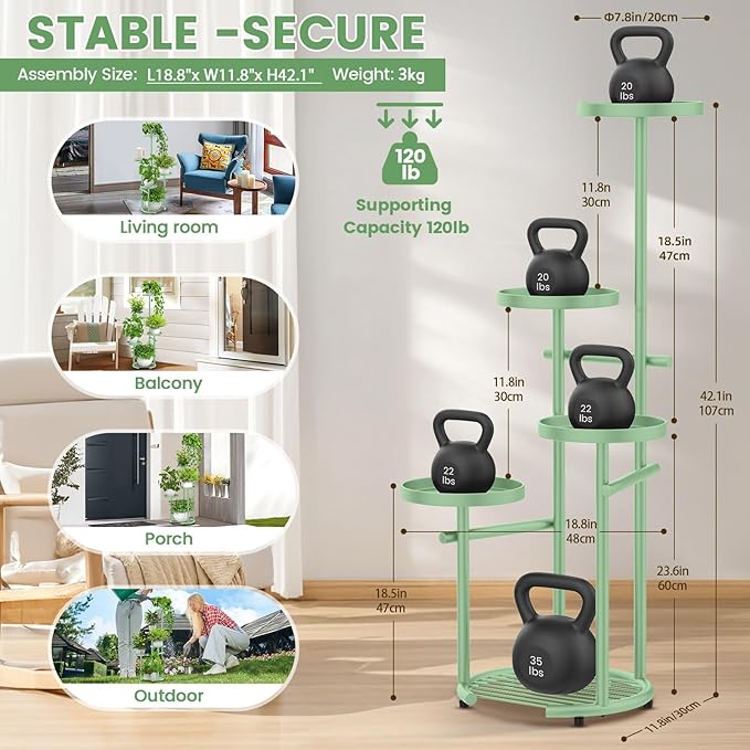 TOSKING 5 Tier Metal Plant Stand Indoor， Plant Shelf, Corner Shelf Flower Pot Stand for Outdoor Plant Stand for Living Room Balcony Garden Patio Bedroom (Green, 42in)