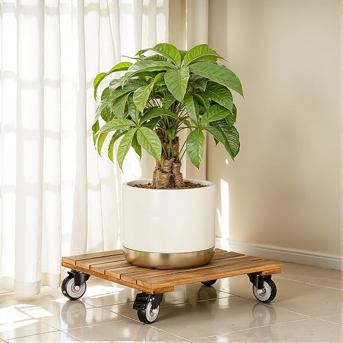2pack Wood Plant Caddy With Wheels Heavy Duty, 264 Lbs Capacity, Upgraded 12 Inch Acacia Hardwood Plant Dolly, Plant Stand with 360° Lockable Wheels, Plant Caster for Heavy Objects Hauling - Natural Wood