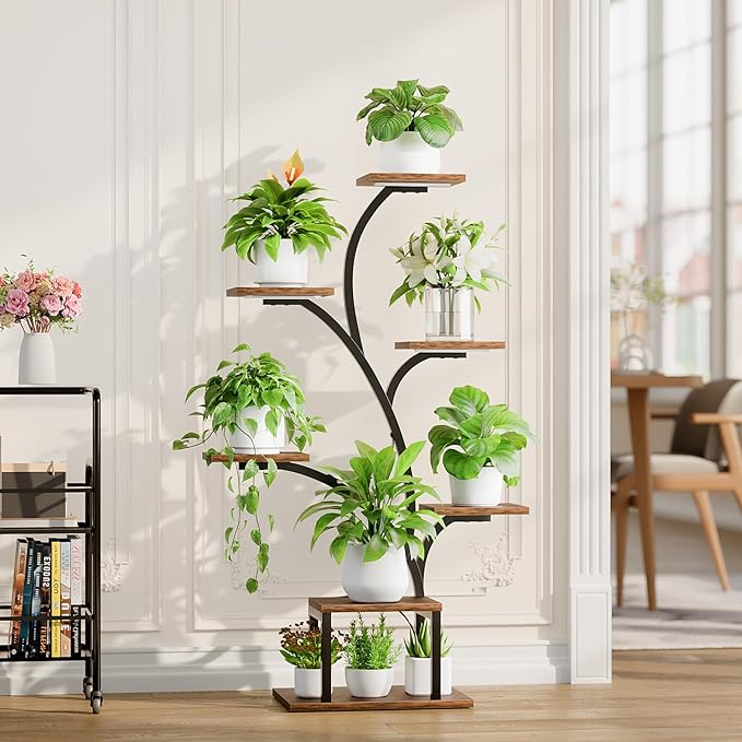 Plant Stand Indoor with Grow Lights, 7 Tiered Indoor Plant Shelf, 49" Corner Plant Stands for Indoor Plants, Metal Plant Flower Display Shelf, Tree-Shaped Plant Rack for Home, Patio, Brown