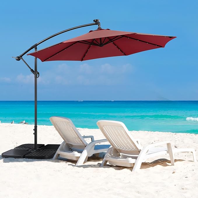 Yaheetech 10FT Solar Offset Umbrella with 32 LED Lights Cantilever Hanging Outdoor Umbrellas Handy Crank & Cross Base for Lawn/Deck/Backyard/Pool Burgundy