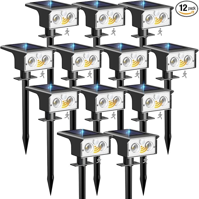 btfarm Solar Spot Lights Outdoor Waterproof, 12 Pack/3 Modes Motion Sensor Lights, Solar Powered Spotlights 2-in-1 Auto On/Off for Outside Pathway Yard Garden Landscape Lighting, Cool White