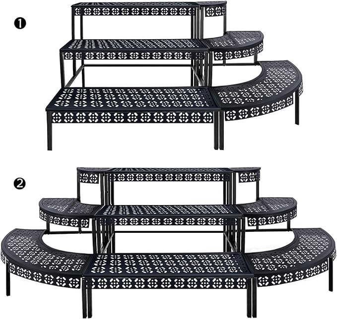 aboxoo 3 Tier Plant Stand Flower Pot Rack, Metal Stair-Step Style Corner Shelf Planters, Quarter Round Display Holder for Indoor Outdoor Use(Black, Semicircle)