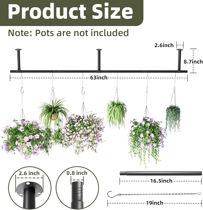 Plant Hanger Indoor 63 inch, Metal Planters Hanging Rod with 6 Hanging Chains & Hooks, Wall Plant Holder for Indoor Plants, Window, Ceiling, Black, Pots Not Included