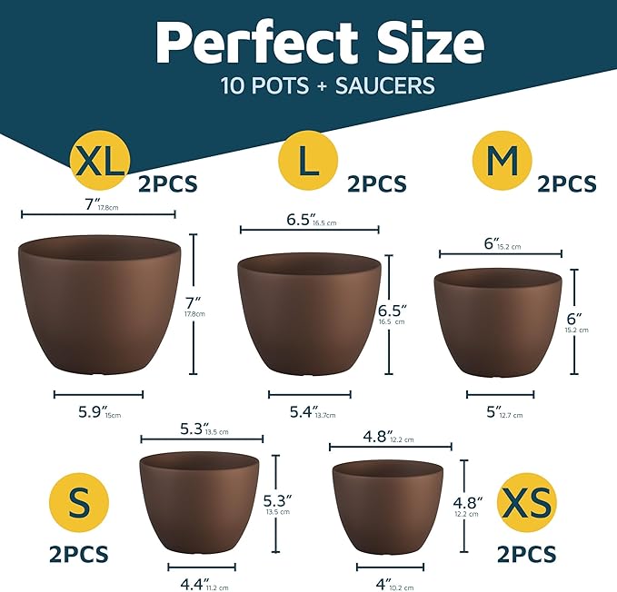 Planter Pots with Drainage Holes - Lightweight, Durable & Space-Saving Pots for Indoor and Outdoor - Versatile Functionality, Simple Modern Design, Set of 10 Plastic Planter Pots - Brown