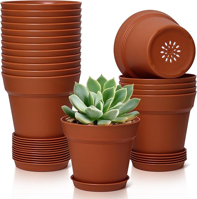 T4U 4 Inch Plant Pots 18-Pack, Small Flower Pots with Saucer and Drainage Hole, Durable Plastic Pots, Nursery Small Flower Pot Bulk for Plants, Succulent, Violet, Decorative (18 Pack 4" Pot)