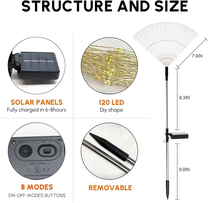 Solar Garden Lights for Outdoor Decor, Waterproof 2 Pack Solar Powered Firework Stake 120 LED Sparklers String Lights for Yard Pathway 4th of July Decorations(Colorful)