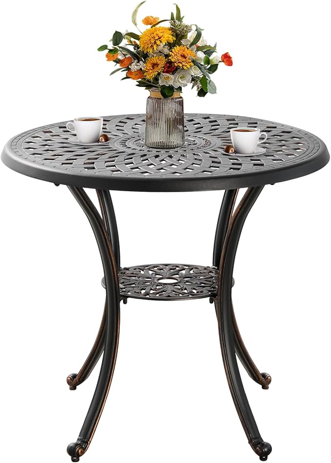 31" Round Patio Dining Table with Umbrella Hole, Cast Aluminum Bistro Table Outdoor Side Table for Backyard, Garden, Patio, Porch