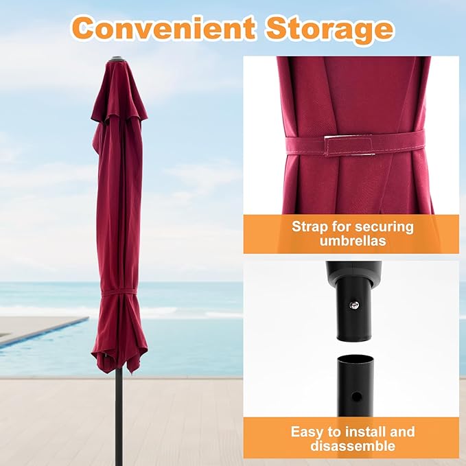OLIXIS Half 9Ft Umbrella Outdoor Patio, Scalloped Patio Umbrella with Easy Crank, Sun Half Patio Umbrella for Balcony, Market, Garden, Red