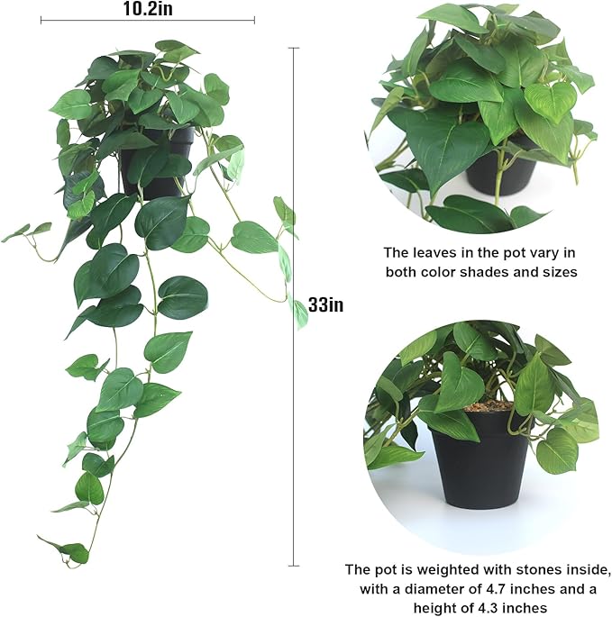 alyptus Fake Pothos Hanging Plants – 33" Set of 2 Faux Ivy Vines with Pots Realistic Silk Devil’s Ivy for Indoor Décor Low Maintenance Artificial House Plants for Home Bathroom or Office - Green
