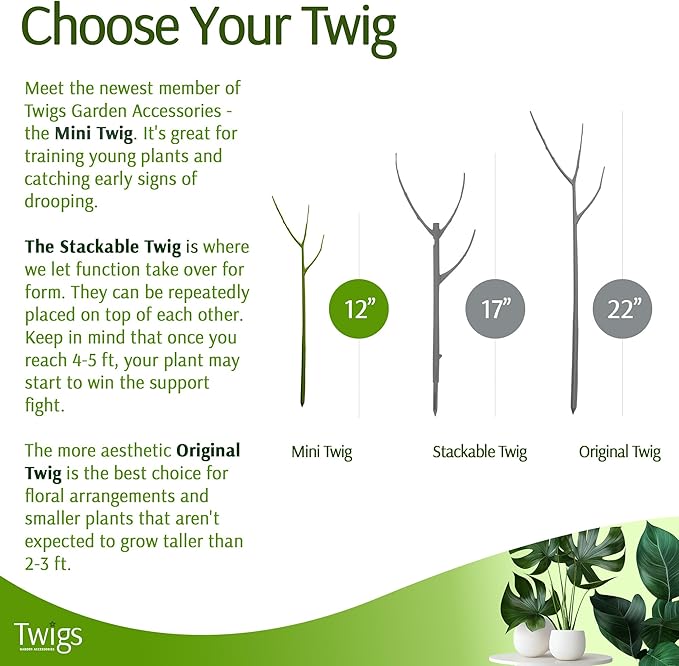 Mini Twigs Plant Support Stakes for Small Plants, Indoor & Outdoor Use, Gardening Supplies, Garden Accessories, Trellis & Ring Alternative, Made in USA - Peony (Light Green), 10 Pack, 12" L