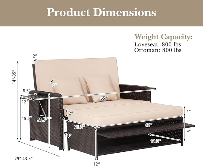 Tangkula Patio Rattan Daybed with 4-Level Adjustable Backrest, Outdoor PE Wicker Loveseat with Storage Ottoman & Folding Side Tray, Double Sunbed Lounger for Balcony, Backyard & Poolside
