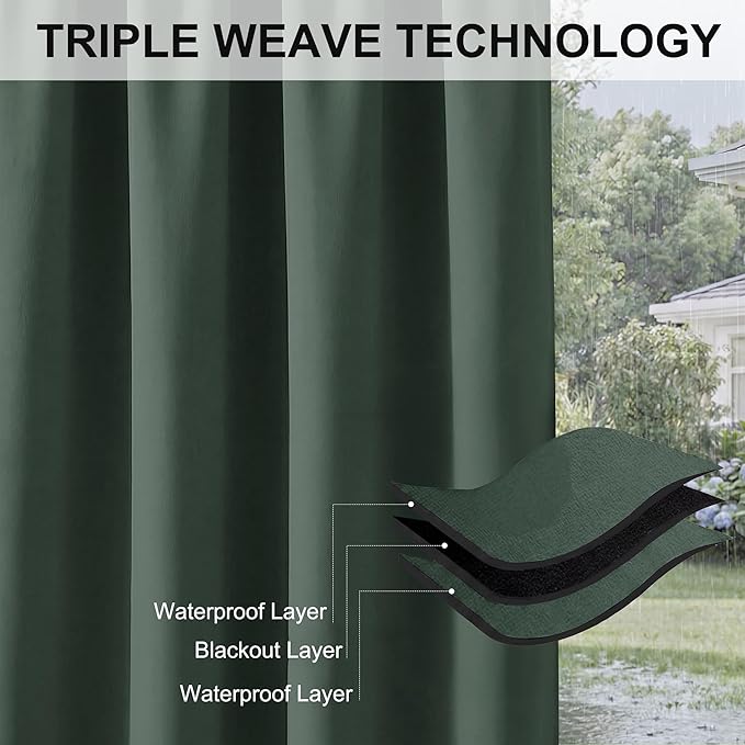 RYB HOME Outdoor Curtains for Patio Waterproof Block Sunlight Thermal Insulated Privacy Assured Thick Outside Curtains for Pergola, Cabana, Gazebo, W52 x L72, Dark Green, 1 Panel