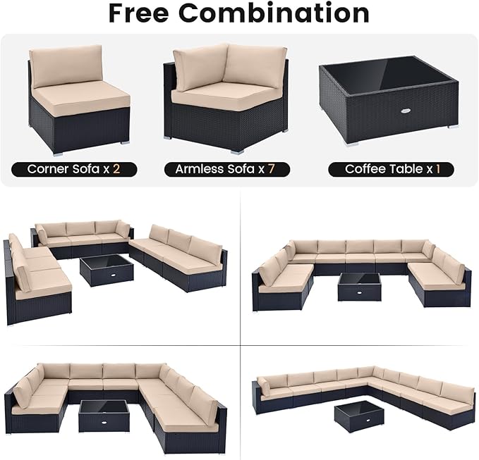 Tangkula 10 Pieces Patio Sofa Set, Outdoor Wicker Conversation Set with Soft Cushions, Tempered Glass Tabletop, Sofa Fastener Clips Included, Rattan Furniture Set for Backyard, Poolside (Beige)