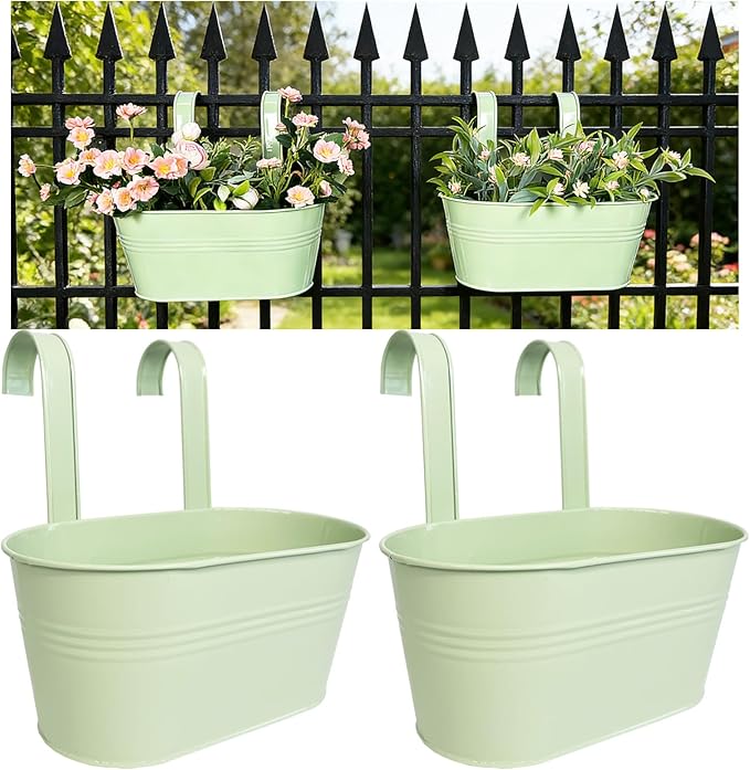 Balcony Hanging Planters Flower Pots, 10" Metal Flower Pots for Outdoor Balcony Rails, Fence Pot Hanging Plant Holders with Detachable Hooks for Garden Patio Yard Decor (Mint Green, 2Pcs)