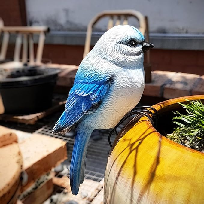 Garden Bird Statue Flower Pot Hugger Outdoor Decor for Tree, 6.7" Tall Resin Bird Figurine Plant Pot Decorations for Fence Balcony Patio Lawn Yard Ornaments (Blue)