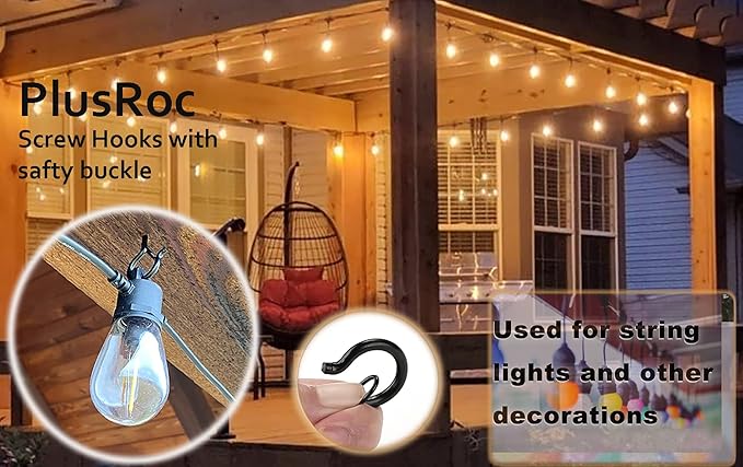 PlusRoc 60 Pack Ceiling Hooks for Hanging Plants Outdoor String Lights Heavy Duty, 2.2 Inch Eye Hook Screw in Cup Hooks Q-Hanger for Patio Lights, Wall Wood Fence Deck Mount(Black)