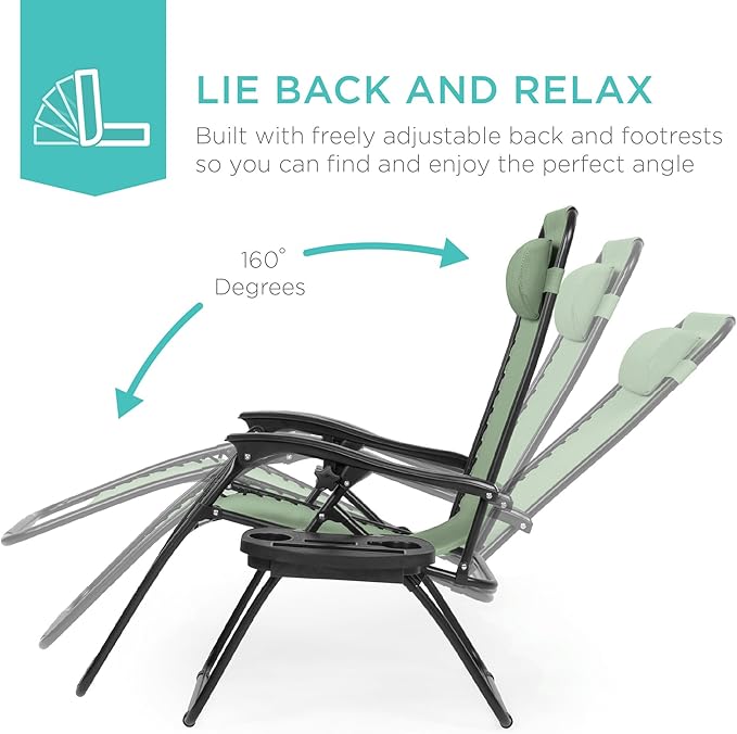 Best Choice Products Set of 2 Adjustable Steel Mesh Zero Gravity Lounge Chair Recliners w/Pillows and Cup Holder Trays - Sage Green