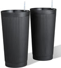 Self Watering Tall Black Planters Outdoor Set of 2, 24” Flower Pots Planters for Outdoor Plants, Modern Plastic Tall Planter for Front Porch, with Drainage Hole (Ribbed)