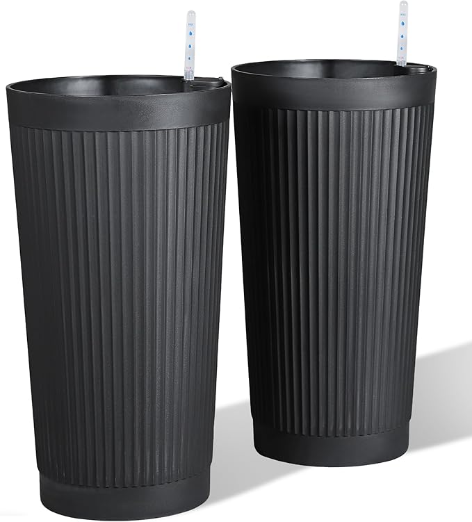 Self Watering Tall Black Planters Outdoor Set of 2, 24” Flower Pots Planters for Outdoor Plants, Modern Plastic Tall Planter for Front Porch, with Drainage Hole (Ribbed)