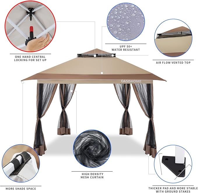 OASISHOME Pop-up Gazebo Portable Instant Canopy Tent 12x12, One-Push Locking System, with 4 Mesh Sidewall, Wheeled Bag, for Patio/Backyard/Outdoor/Parties/Events (Khaki)