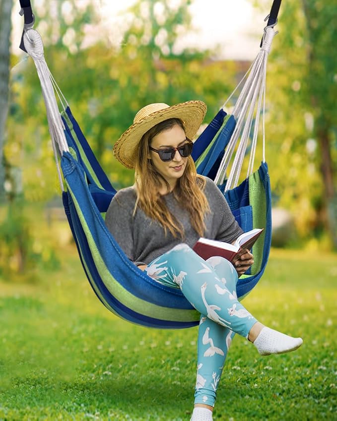 Halalona Hammock Chair Hanging Hammock Chair Rope Swing 2 Cushions Included-Sturdy & Durable Soft Cotton Hand Woven Hammock Swing for Bedroom, Porch, Patio-Indoor/Outdoor